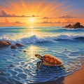 Paint a serene seascape at sunset, with a solitary sea turtle peacefully swimming by AI generated