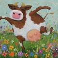 AI generated painting of a cow showcasing a dancing pose in the middle of a green meadow