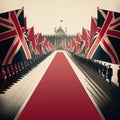 AI generated painting of empty processional route with a red carpet and UK flags