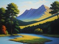 AI generated painting of a landscape consisting of green meadows, trees, hills and a meandering river