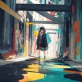 AI generated painting of a lonely young girl walking through a narrow alley
