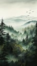 Misty mountain landscape painting with pine trees Royalty Free Stock Photo