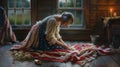 Betsy Ross Crafting the First American Flag in Candlelit Workshop