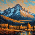 AI generated painting of snow clad mountain peak with autumn season landscape at the foot hills