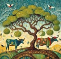 AI generated painting of a tree with cows grazing under the same and birds flying in the skies