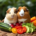 A pair of bonded Guinea Pigs munching on fresh vegetables by AI generated
