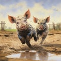 A pair of playful piglets frolicking in a muddy puddle, their joyful squeals echoing through the farm by AI generated