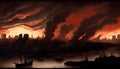 Silhouette of Great Fire of London, Panoramic View, Made with Generative AI