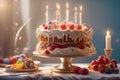 Ai generated party cake with candles in a warm party center