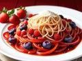 Pasta with berries. Strange food with incongruous products. AI Generated. Royalty Free Stock Photo
