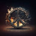 AI generated peace symbol, pacifism sign is blown up and burning, the concept of the destruction of the peace and the start of war
