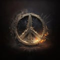 AI generated peace symbol, pacifism sign is blown up and burning, the concept of the destruction of the peace and the start of war