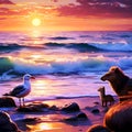 AI-generated peaceful sunset beach with wildlife Royalty Free Stock Photo