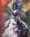 AI-generated Peacock anthropomorphic Lady in a fancy detailed dress and feathers