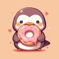 penguin eat doughnut animal chibi cartoon style isolated plain background by AI generated