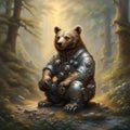 A pensive crouching bear clad in metallic armor with intricate detail against a fantasy forest backdrop
