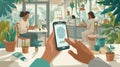 people using smartphone fingerprint login in modern cafe interior Royalty Free Stock Photo