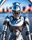 AI generated person in knight protective metal armor against blurred background