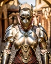 AI generated person in knight protective metal armor against blurred background