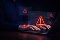 AI generated person typing on laptop with red alert icons and transparent code panels showing cybersecurity system warning data Royalty Free Stock Photo