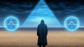 AI generated person wearing a black cloak standing on desert landscape with triangle blue lights
