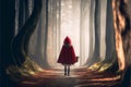 AI generated person wearing a vibrant red cloak is walking along a winding forest path