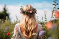 AI generated photo of the back of a blonde Swedish girl walking through a meadow, wearing a wreath