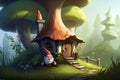 ?????????: AI-generated photo: Fairytale gnome in a magical gnome house surrounded by trees, green grass