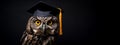 Wise owl standing on a book in a portrait studio with, dark background.