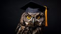 Wise owl standing on a book in a portrait studio with, dark background.