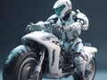 AI-generated photo: Mechanical robot riding a motorcycle at high speed