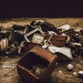 A sepia photo of a pile of rubbish left in a field