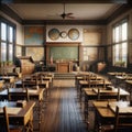 Vintage Schoolhouse Interior Architecture Desks Woodwork AI Generated