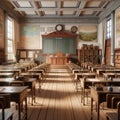 Retro Schoolhouse Interior Architecture Desks Woodwork AI Generated Royalty Free Stock Photo