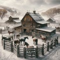 Country landscape rustic ranch with a weathered barns and horse corral AI Generated