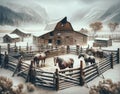 Country rustic ranch with a weathered barns and horse corral AI Generated