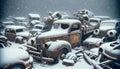 Antique automobile wrecking yard with rusted vintage cars and trucks AI Generated Royalty Free Stock Photo