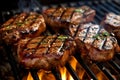 Grilling meat on grill with herbs