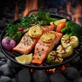 Grilled salmon being barbecued with vegetables