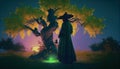 Enchanting Witchcraft Scene Under a Tree, Made with Generative AI Royalty Free Stock Photo