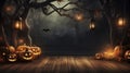 AI generated, photorealistic Halloween background during a dark night. Illuminated pumkins with scary faces Royalty Free Stock Photo