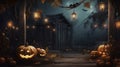 AI generated, photorealistic Halloween background during a dark night. Illuminated pumkins with scary faces. Royalty Free Stock Photo