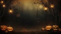 AI generated, photorealistic Halloween background during a dark night. Illuminated pumkins with scary faces Royalty Free Stock Photo