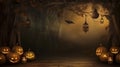 AI generated, photorealistic Halloween background during a dark night. Illuminated pumkins with scary faces. Royalty Free Stock Photo