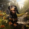 A photorealistic happy Dachshund dog in natural setting by AI generated
