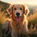 A photorealistic happy Golden Retriever dog in natural setting by AI generated