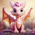 AI generated, photorealistic illustration, cute sweet baby dragon sitting and smiling. Animated movie character.