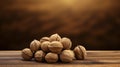 AI generated, photorealistic illustration, pile of wallnuts lying on a wooden table. Mainly brown colors. Vegan food Royalty Free Stock Photo