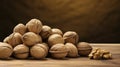 AI generated, photorealistic illustration, pile of wallnuts lying on a wooden table. Mainly brown colors. Vegan food. Royalty Free Stock Photo