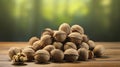 AI generated, photorealistic illustration, pile of wallnuts lying on a wooden table. Mainly brown colors. Vegan food. Royalty Free Stock Photo